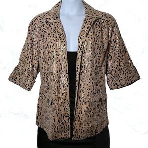 LINEAR Leopard Print Metallic Gold Crop Sleeve Open Front Stylish Jacket
